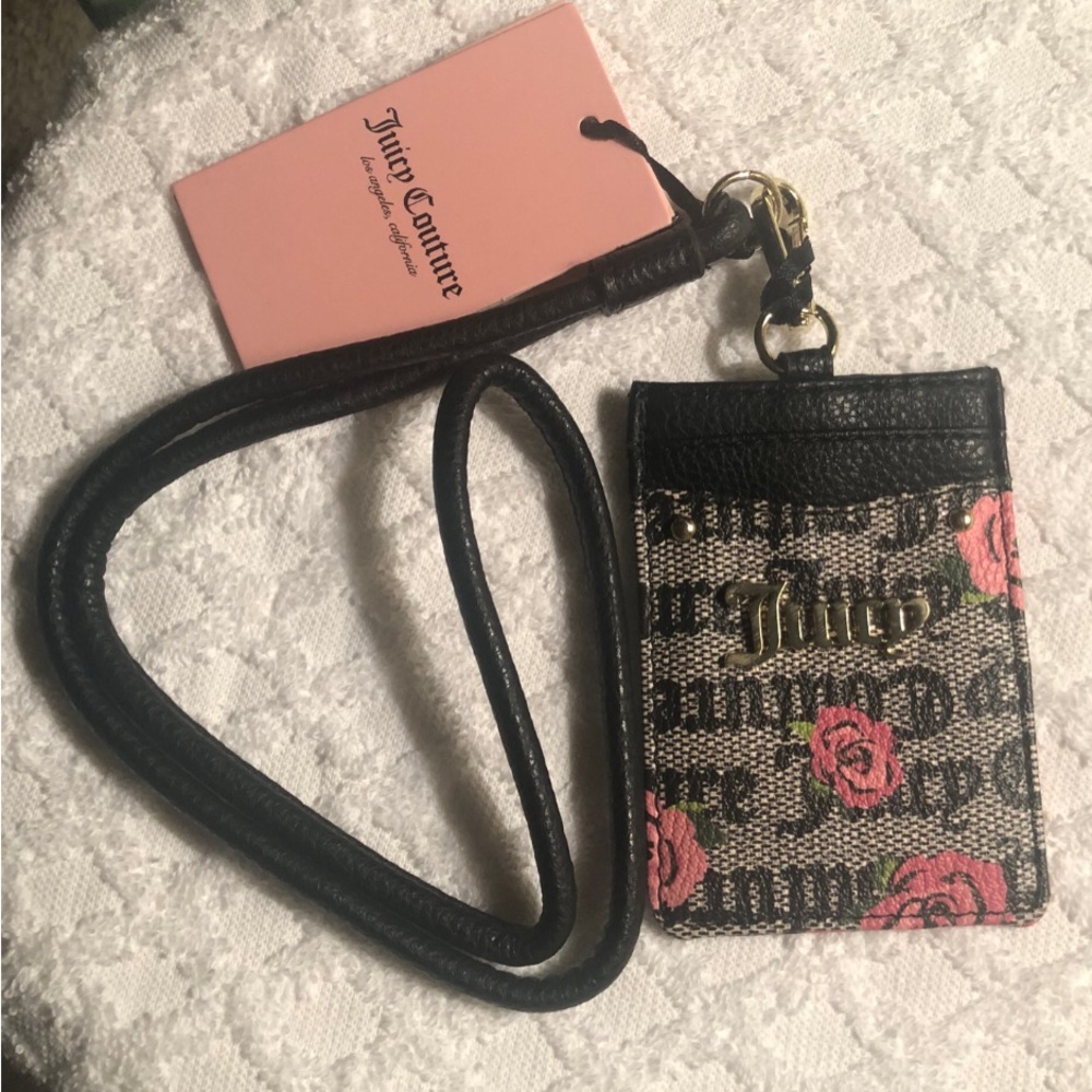 NWT Juicy Couture Black & Pink Rose Lanyard Card Holder